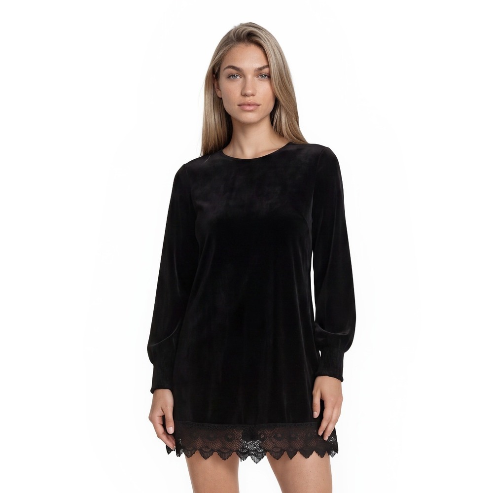 NWT Chelsea & Violet Black Velvet Mini Dress Women's Size XS Lace Trim Bishop